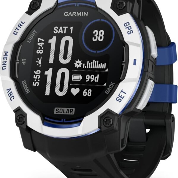GARMIN Instinct® 3 –50 mm, Whitestone with Black/Bolt Blue Silicone Band | Solar Smartwatch with Unlimited Battery Life | Rugged Design, Built-in Flaslight,...